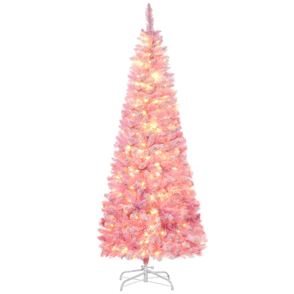 6 Foot Prelit Snow Flocked Artificial Christmas Tree with Pencil Shape, 500 Pine Realistic Branches, Warm White LED ligh