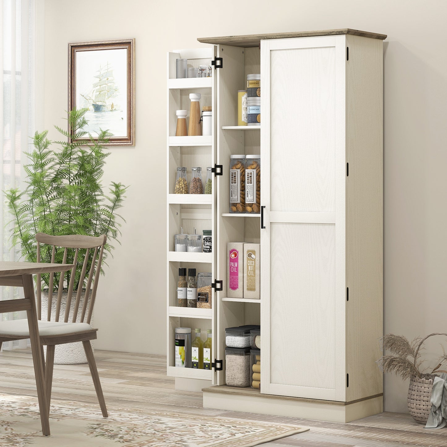 70" Tall Kitchen Pantry Cabinet with Door Shelves and Adjustable Shelves, Cream White