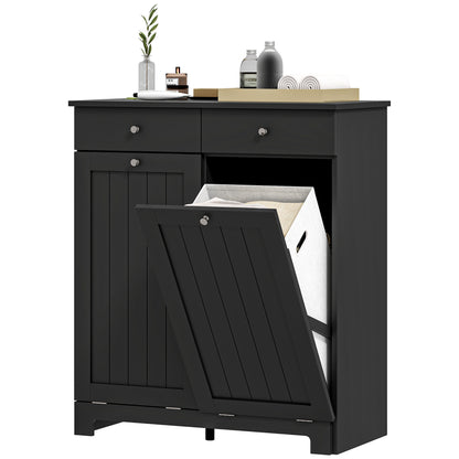 Laundry Cabinet, Tilt Out Laundry Hamper Cabinet with 2 Baskets, Bathroom Hamper Cabinet with 2 Drawers, Black