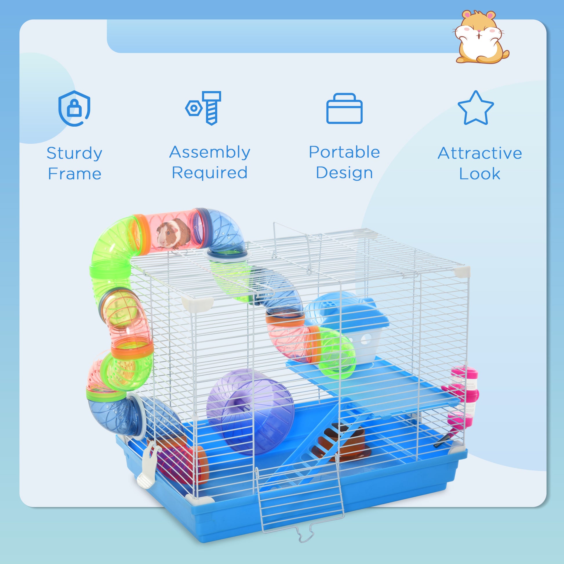 18"L Hamster Cage, Small Animal House, 2-Level Rat Gerbil Haven with Tunnel Tube System, Exercise Wheel, Water Bottle, F