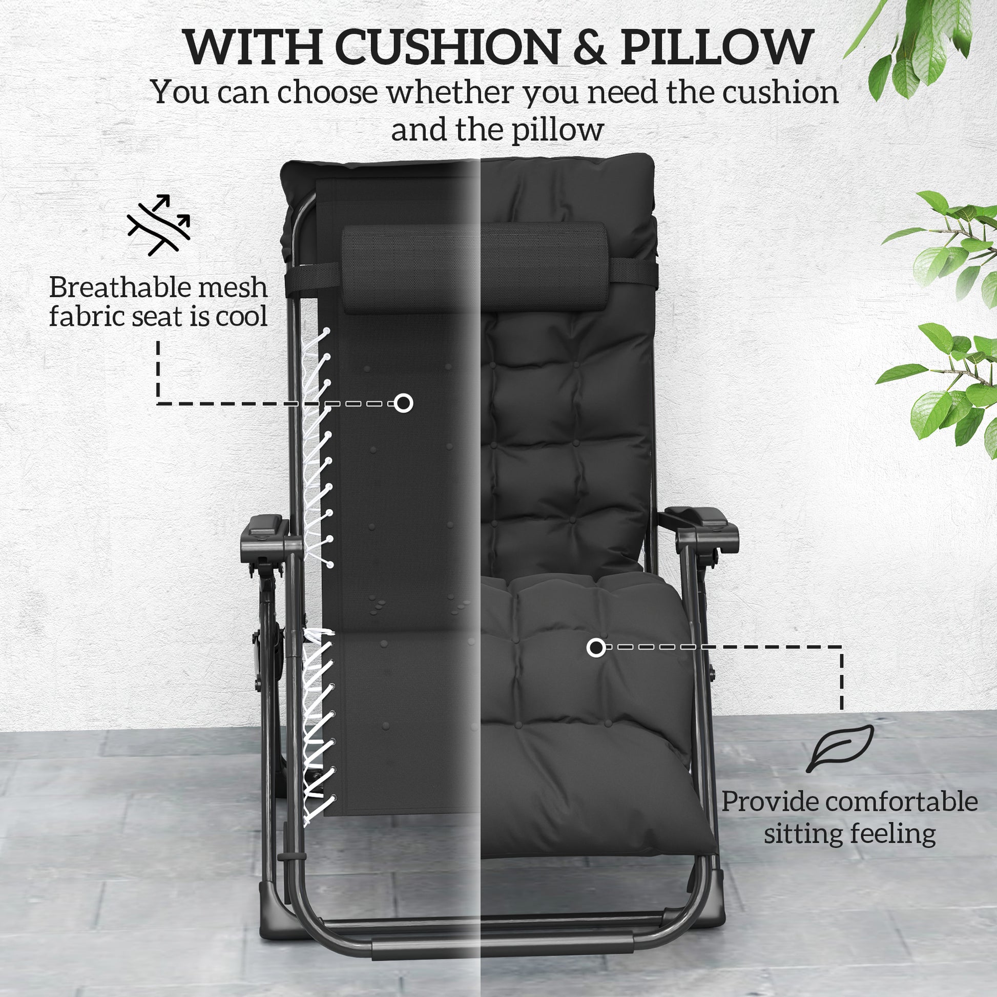 Folding Garden Chairs Set of 2, Reclining Zero Gravity Chair, Sun Lounger with Cushion and Headrest, Black