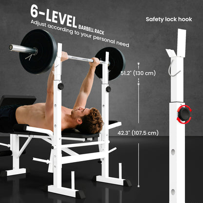 Soozier Bench Press Set Adjustable Weight Bench with Squat Rack, Preacher Curl Pad, Leg Developer and Weight Storage, Wh