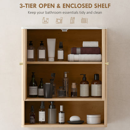 Bathroom Wall Cabinet, Wall-Mounted Medicine Cabinet with Adjustable Shelf, Open Shelf and Marble Effect Top, Oak