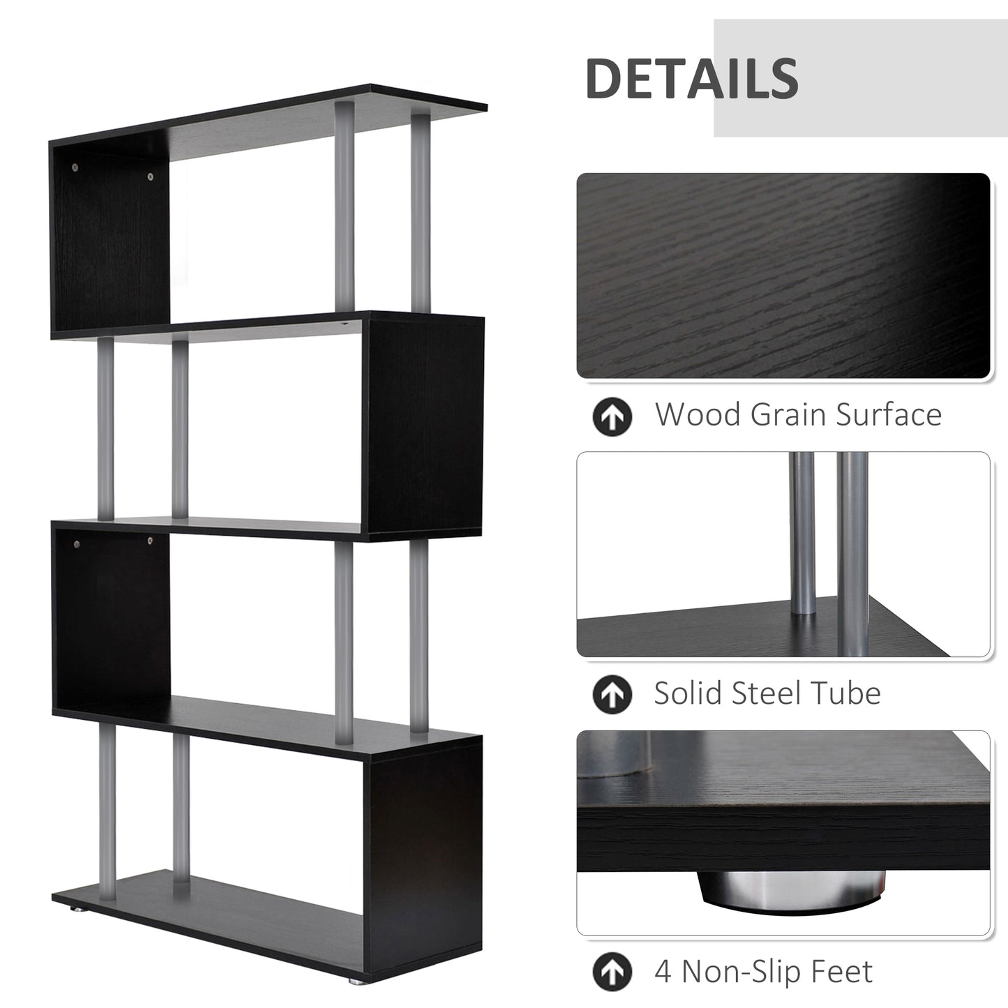5-Tiers Geometric Wooden Bookcase S-Shaped Storage Bookshelf Display with Metal Frame for Living Room, Bedroom, Home Off