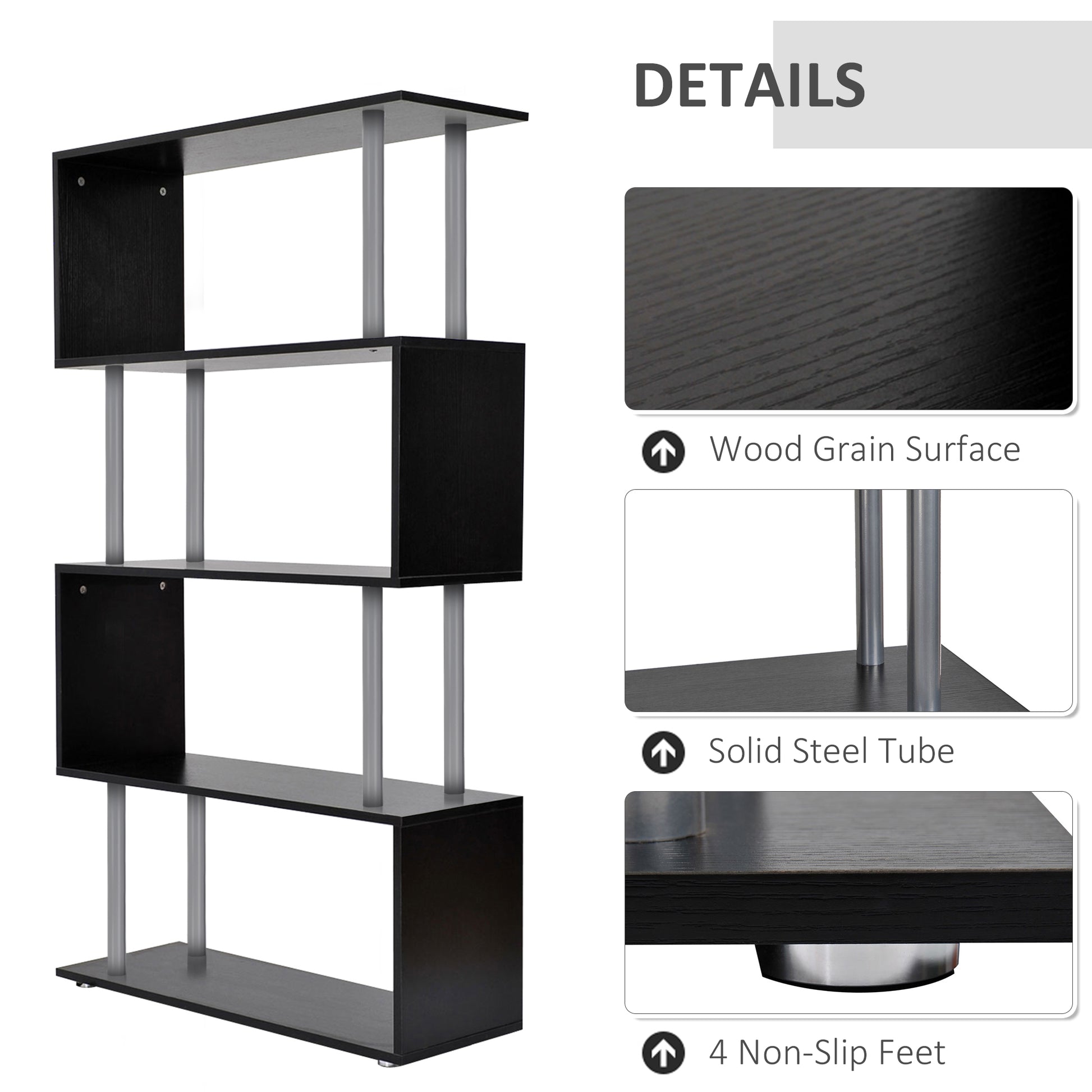 5-Tiers Geometric Wooden Bookcase S-Shaped Storage Bookshelf Display with Metal Frame for Living Room, Bedroom, Home Off