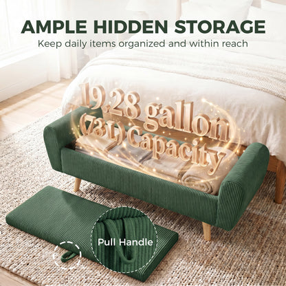 Storage Ottoman, 59" Corduroy End of Bed Storage Bench for King Size Bed with Wooden Legs and Rolled Arms, Dark Green