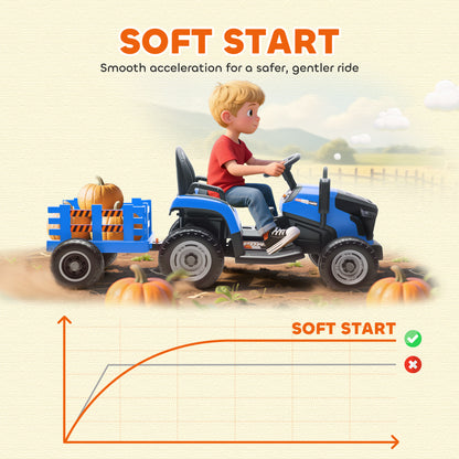 Qaba 12V Kids Ride On Tractor with Trailor, Remote Control, Music, Lights, Shifter, for Kids Ages 3-8 Years, Blue