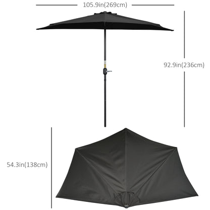 9ft Half Round Umbrella Outdoor Patio Garden Balcony Parasol Window Sun Shade w/ 5 Ribs Black