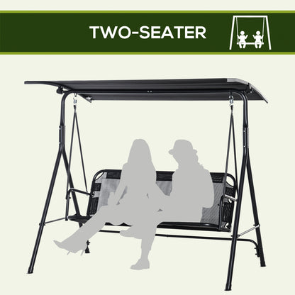 2-Person Porch Swing Chair, 2 Seater Patio Swing Bench w/ Adjustable Canopy, Breathable Seat for Garden, Poolside, Black