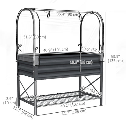Raised Garden Bed with Cover, Metal Elevated Planter Box with Bottom Shelf and Liner, Dark Grey
