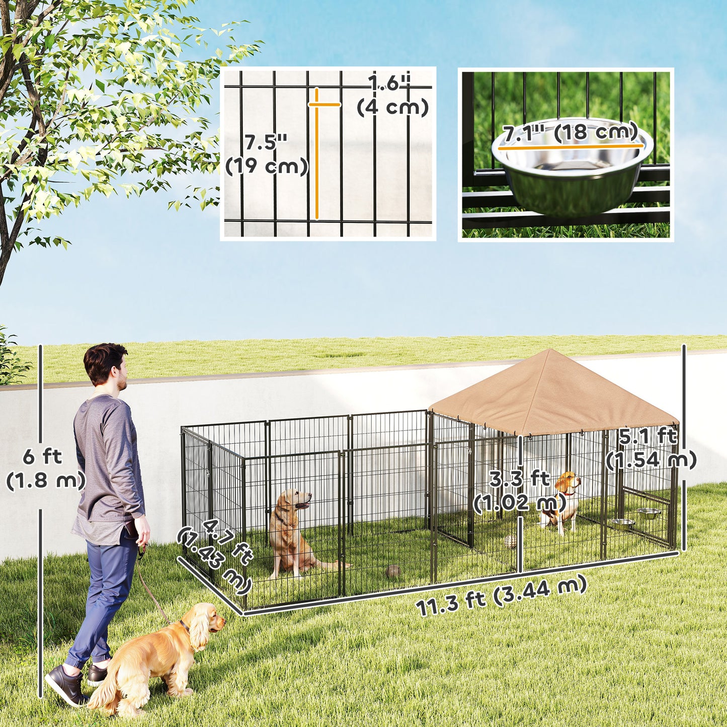 Outdoor Dog Kennel with Rotating and Adjustable Height Bowls, Waterproof UV-Resistant Cover, 11.3' x 4.7' x 5.1'