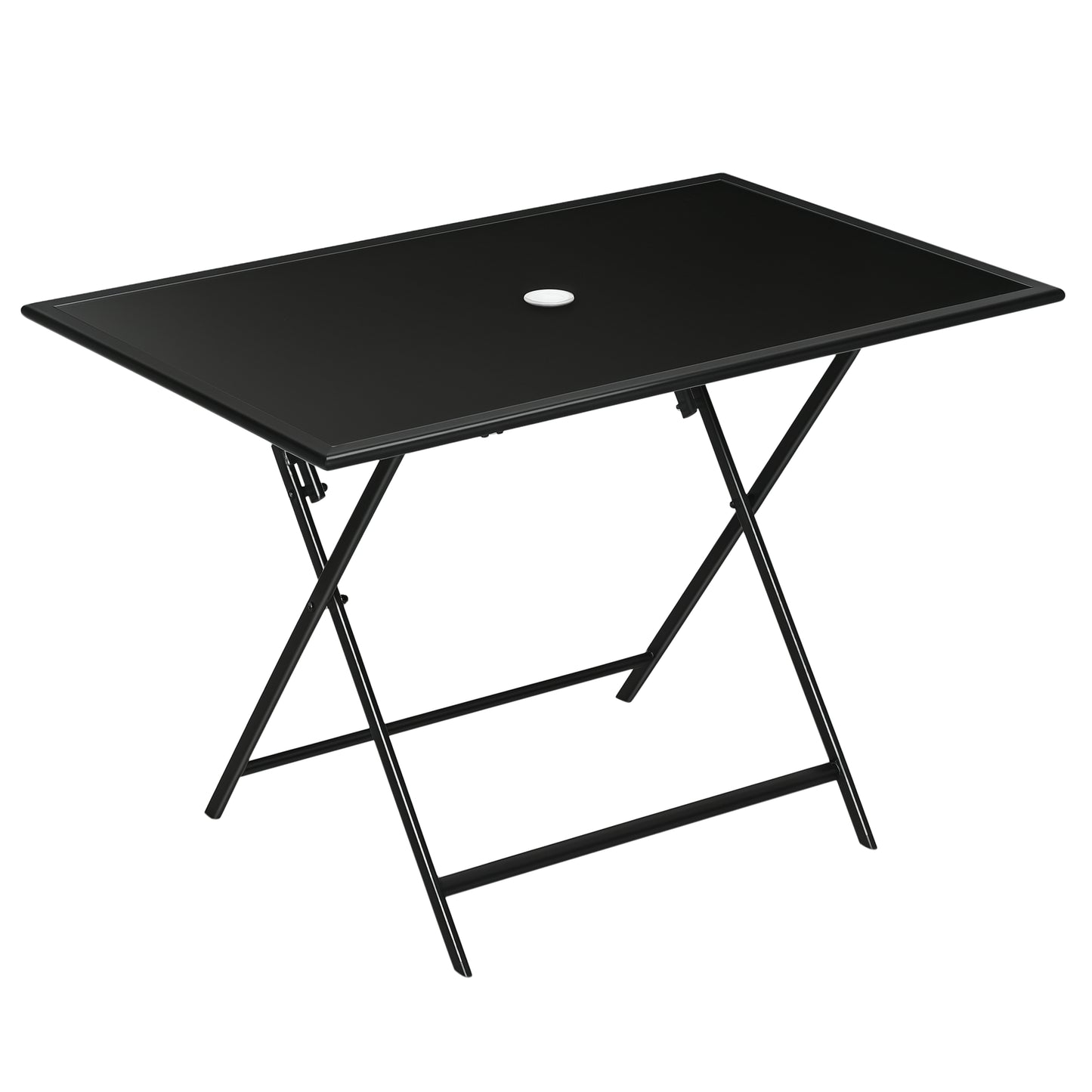 Foldable Outdoor Dining Table with Umbrella Hole, Patio Table for 6 with Glass Top Table, Metal Frame for Garden Lawn Ba