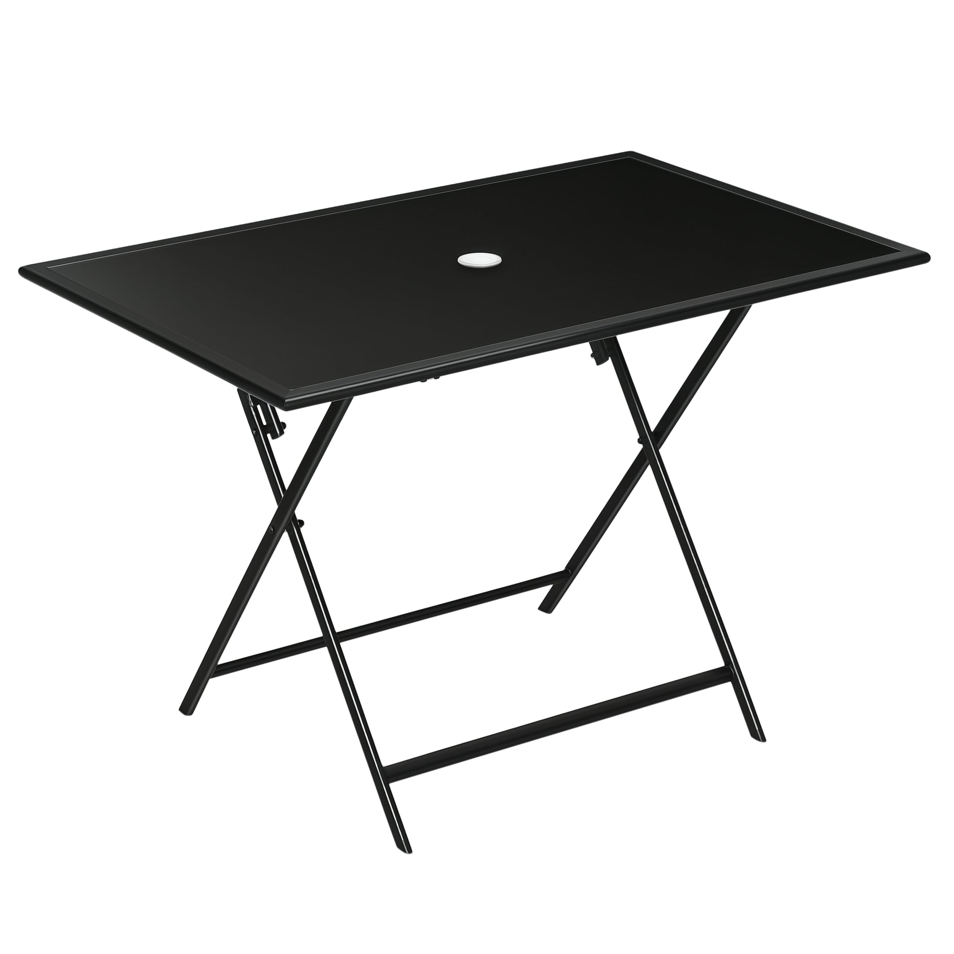 Foldable Outdoor Dining Table with Umbrella Hole, Patio Table for 6 with Glass Top Table, Metal Frame for Garden Lawn Ba