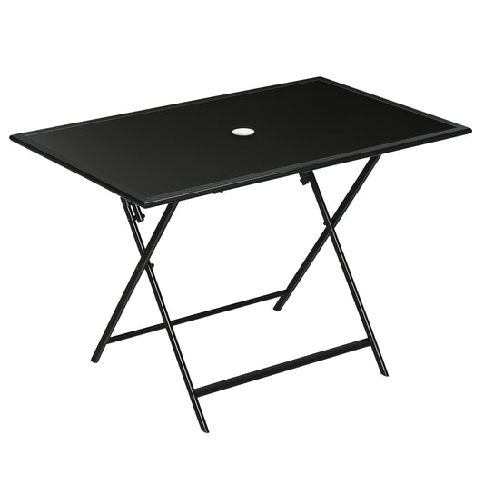Foldable Outdoor Dining Table with Umbrella Hole, Patio Table for 6 with Glass Top Table, Metal Frame for Garden Lawn Ba