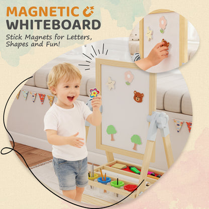 Qaba Wooden Art Easel, Double Sided Kids Easel with Height Adjustable Chalkboard and Magnetic Whiteboard, Natural