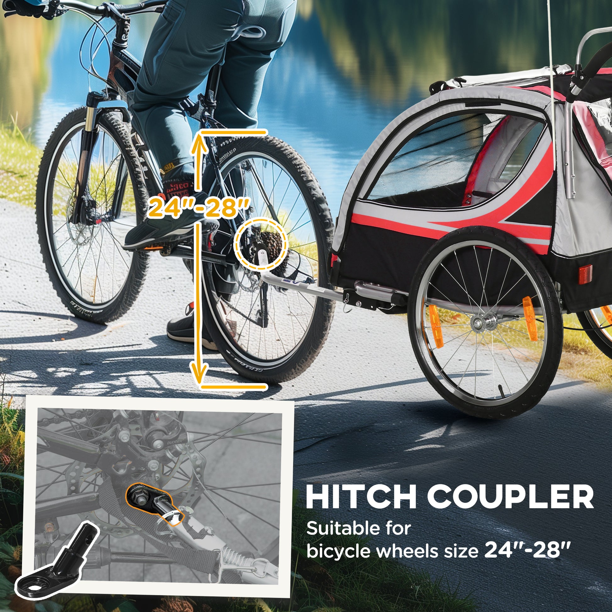 VarietyKart 2 Seat Bike Trailer for Kids 2-in-1 Double Baby Stroller with Handbrake, Rubber Wheels, 5 Point Harness, Wat