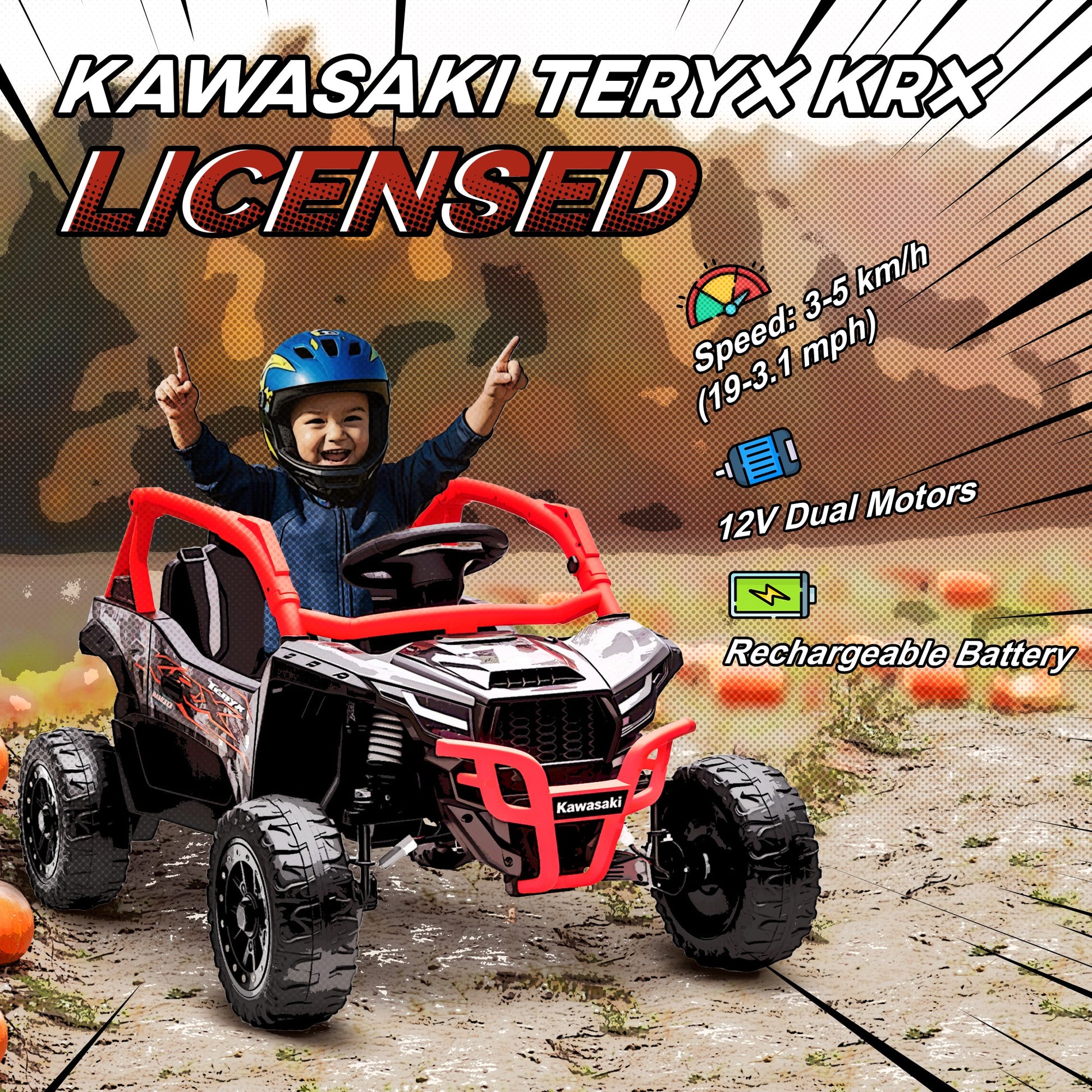 Qaba 12V Ride on Truck, Licensed KAWASAKI TERYX KRX 2WD Kids Electric Car with Rear Suspension for 3-8 Years, Red