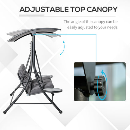 3 Seat Outdoor Swing Chair Steel Swing Bench Porch Swing With Adjustable Canopy, Coffee Tables and Cushion for Patio Gar