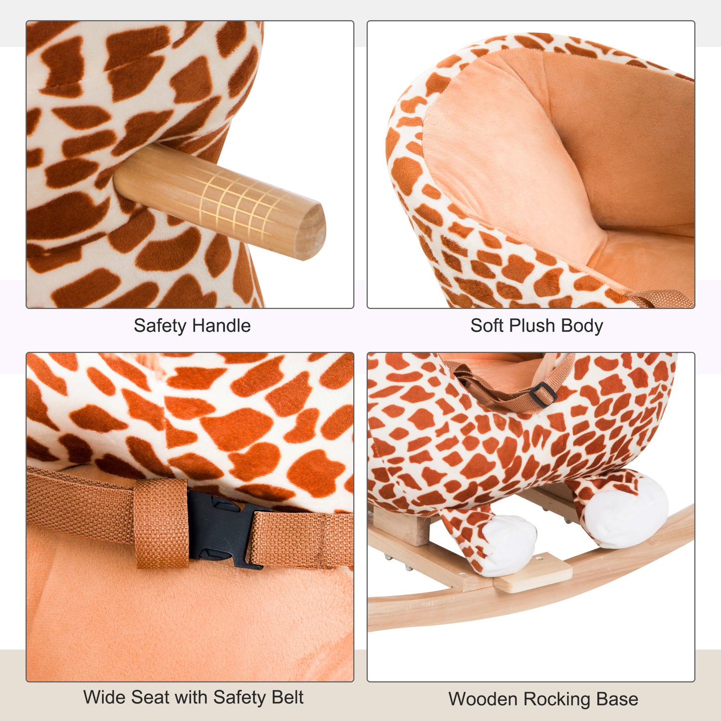 Qaba Wooden Plush Children Kids Rocking Horse Chair for Toddlers with Sound and Safety Belt, Giraffe Theme