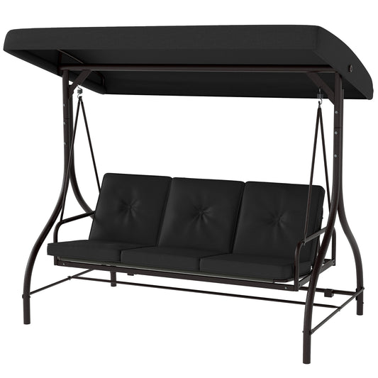 Convertible Patio Swing Bed with Canopy and Cushions, 3 Seater Porch Swing for Outdoor, Backyard, Garden, Black