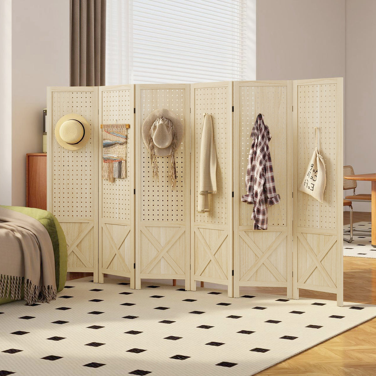 Wooden Room Divider with Pegboard Display, 6 Panel Folding Privacy Screen for Home Office, Natural Wood