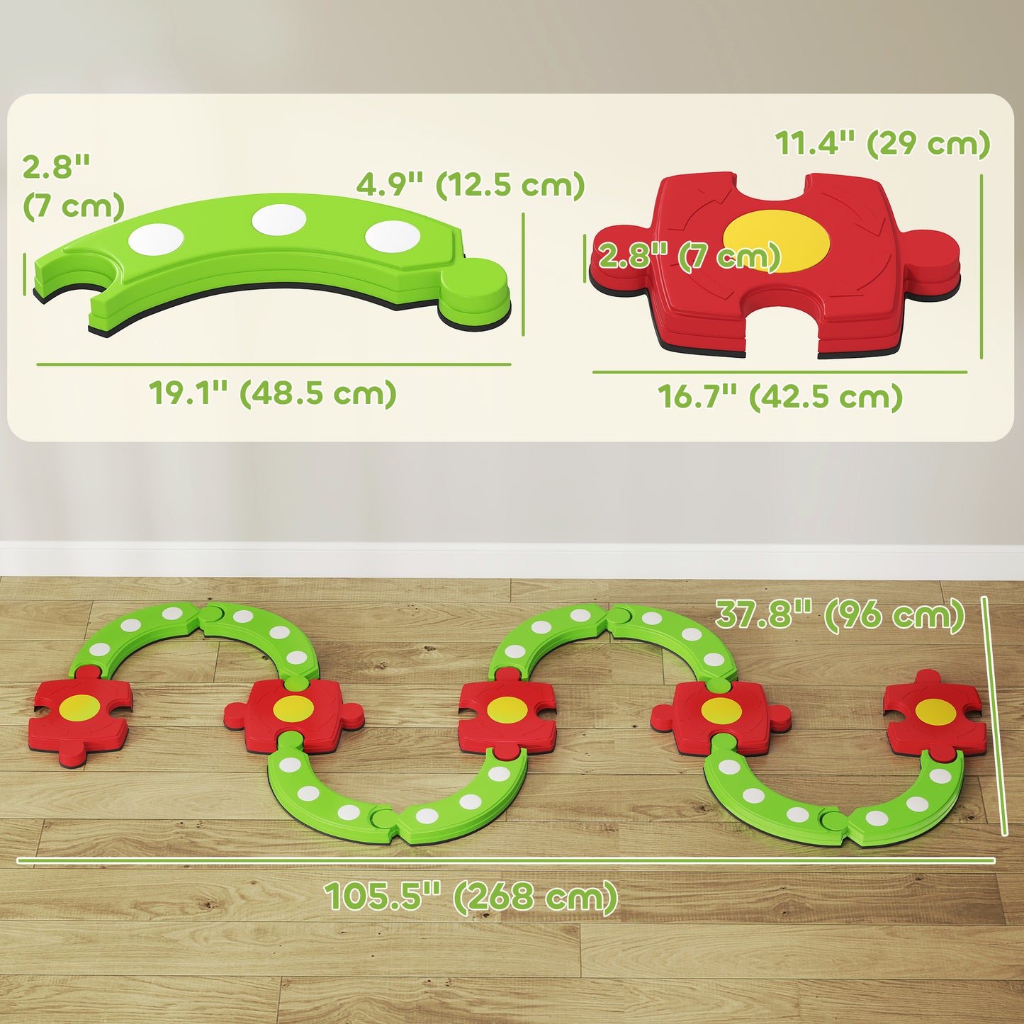 Qaba Kids Balance Beam Stepping Stones with Non-slip Surface for Kids 3-8, Build Coordination and Gross Motor Skills, Gr