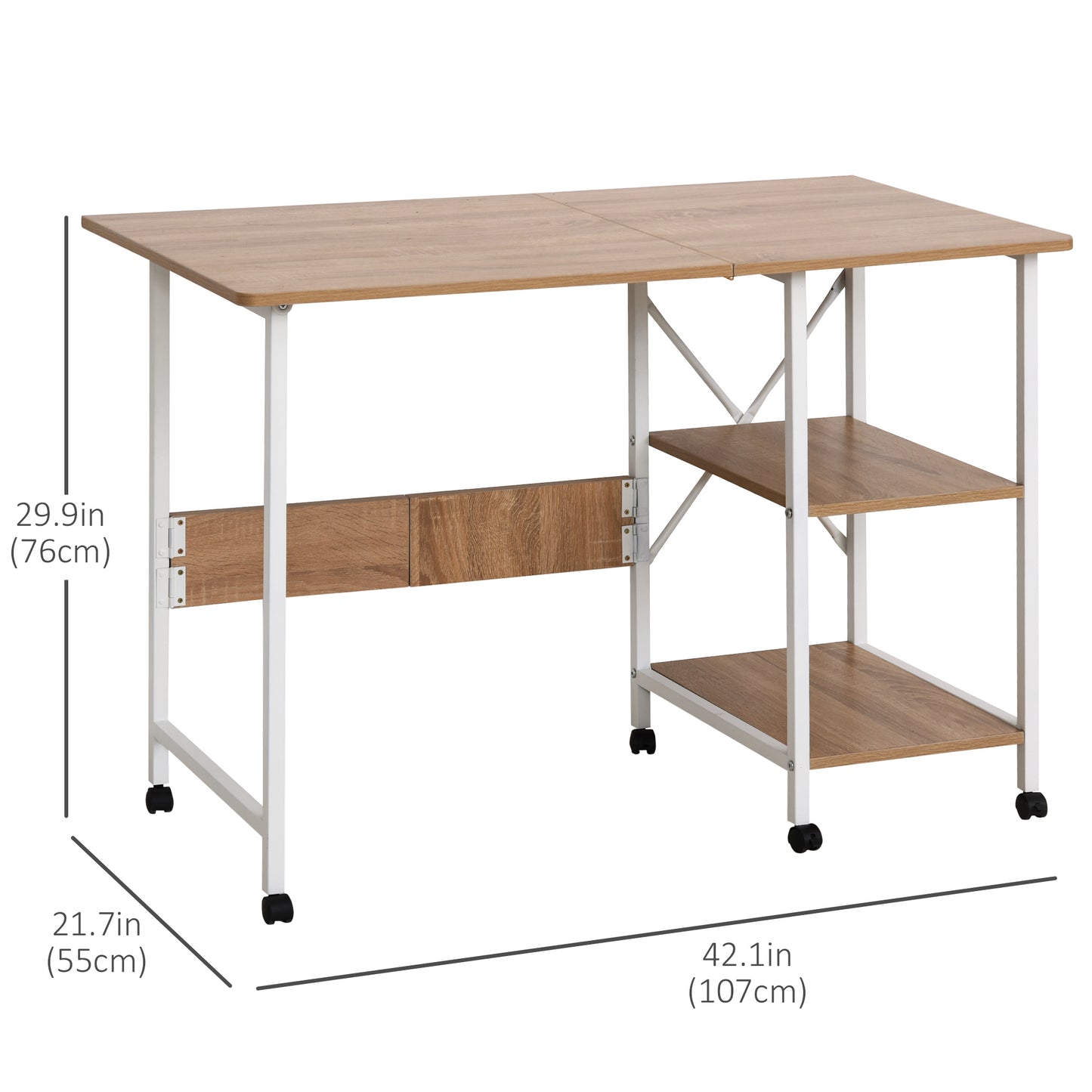 Folding Computer Desk with Storage Shelves, Study Writing Table Laptop Desk with 6 Wheels for Bedroom Home Office Workst