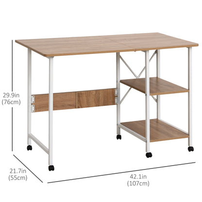 Folding Computer Desk with Storage Shelves, Study Writing Table Laptop Desk with 6 Wheels for Bedroom Home Office Workst