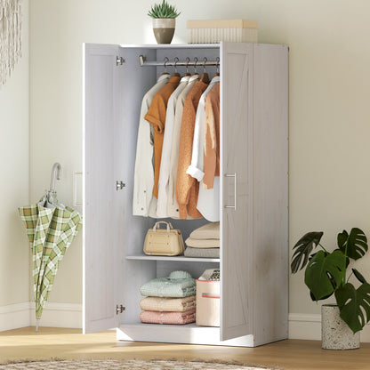 Wardrobe Cabinet with Hanging Rod, Anti-Tipping and 2 Barn Doors, Farmhouse Wardrobe Closet for Bedroom, White Wood Effe