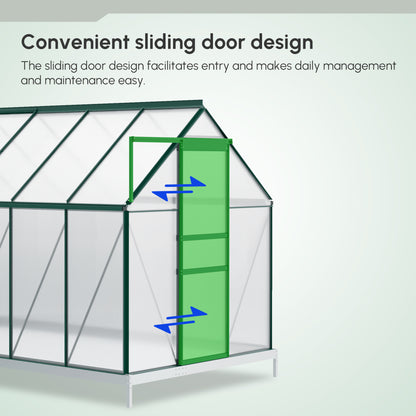 6' x 12' x 6.5' Polycarbonate Greenhouse, Walk-in Green House with Adjustable Roof Vent Galvanized Base Sliding Door Rai