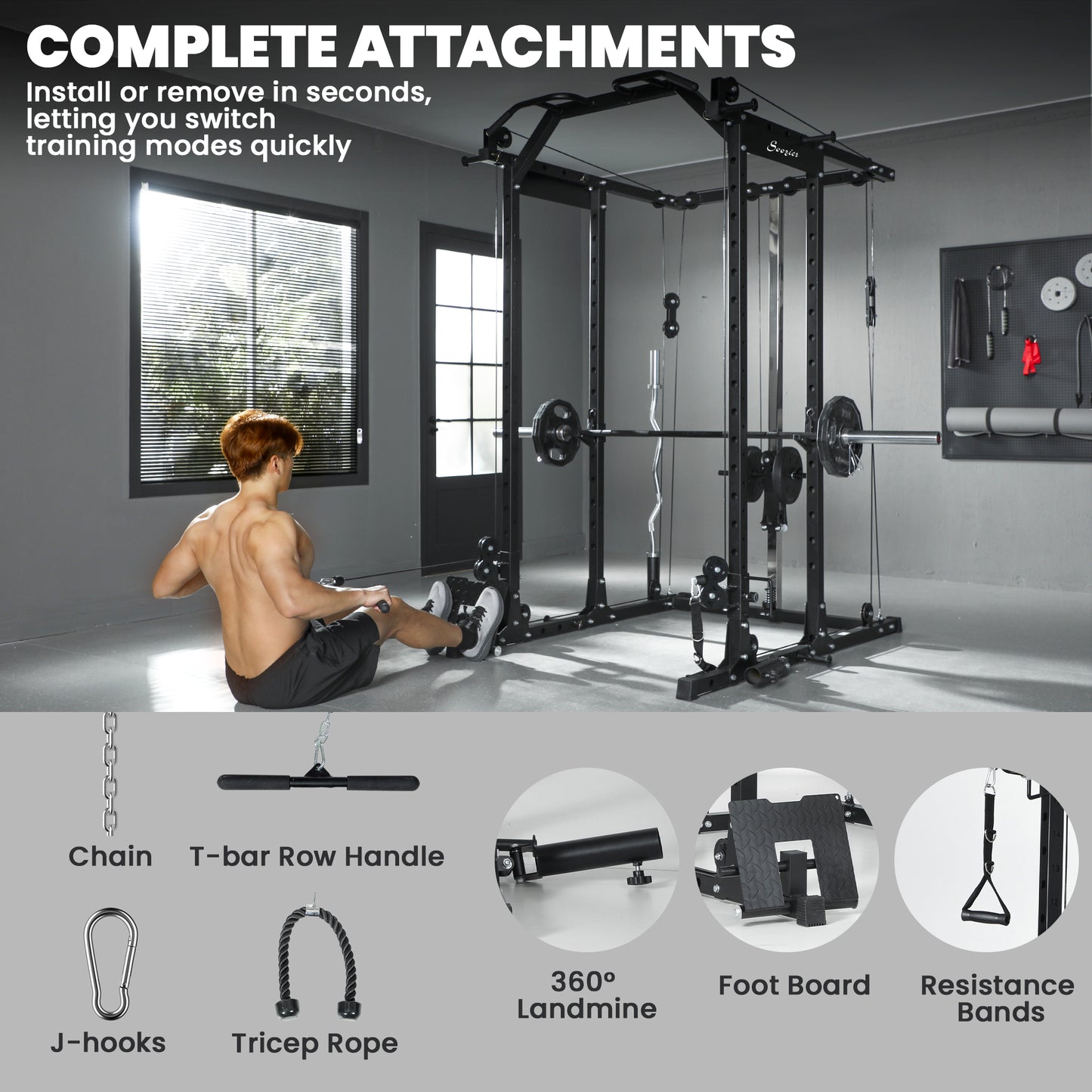 Soozier Multi-Functional Power Rack, Smith Machine Cable Crossover System with Pull Up Bar, Lat-Pull Down System, Landmi