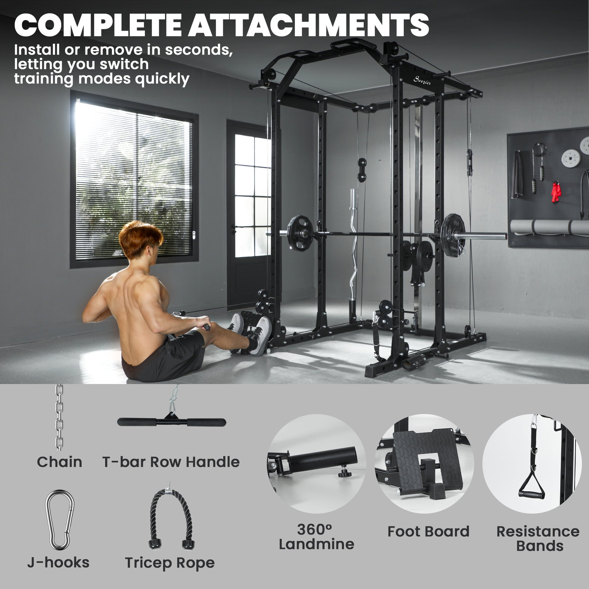 Soozier Multi-Functional Power Rack, Smith Machine Cable Crossover System with Pull Up Bar, Lat-Pull Down System, Landmi