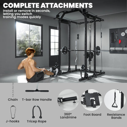 Soozier Multi-Functional Power Rack, Smith Machine Cable Crossover System with Pull Up Bar, Lat-Pull Down System, Landmi