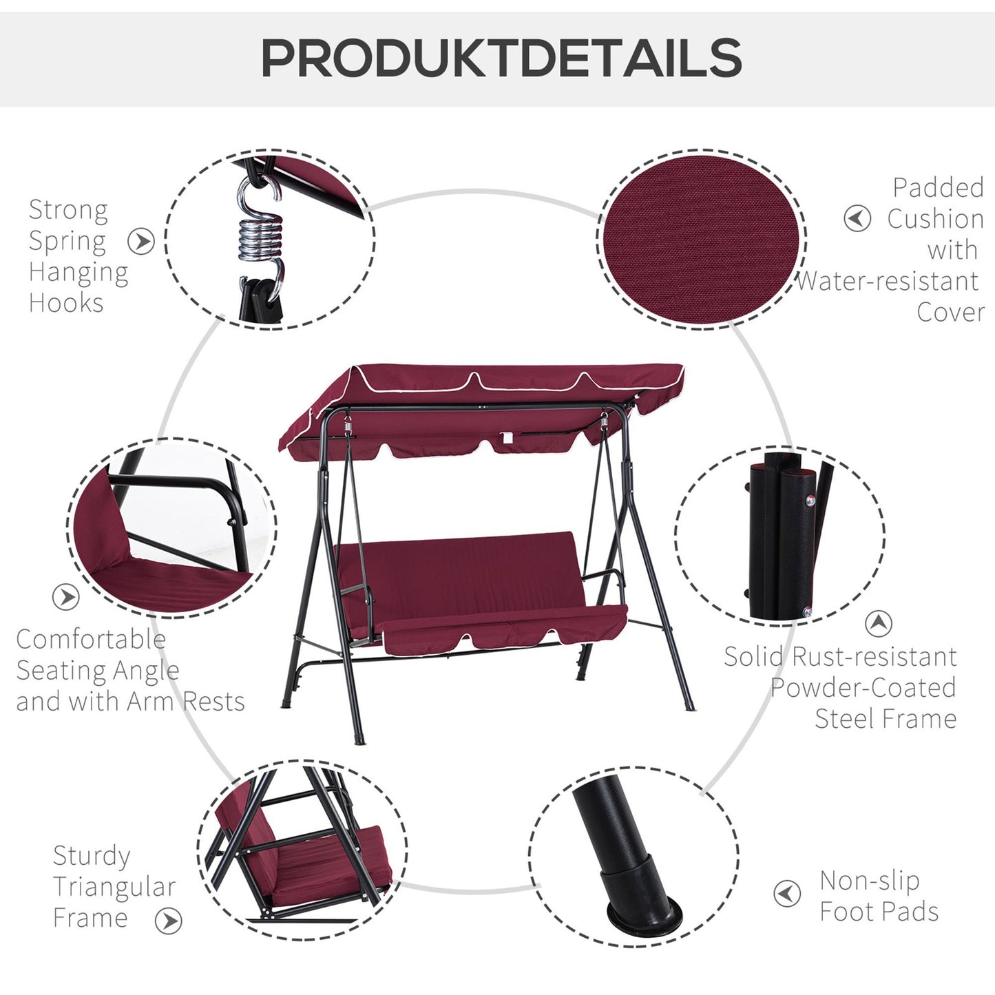 3-Seater Outdoor Swing with Adjustable Canopy, Patio Swing Chair for Garden, Poolside, Backyard, Wine Red