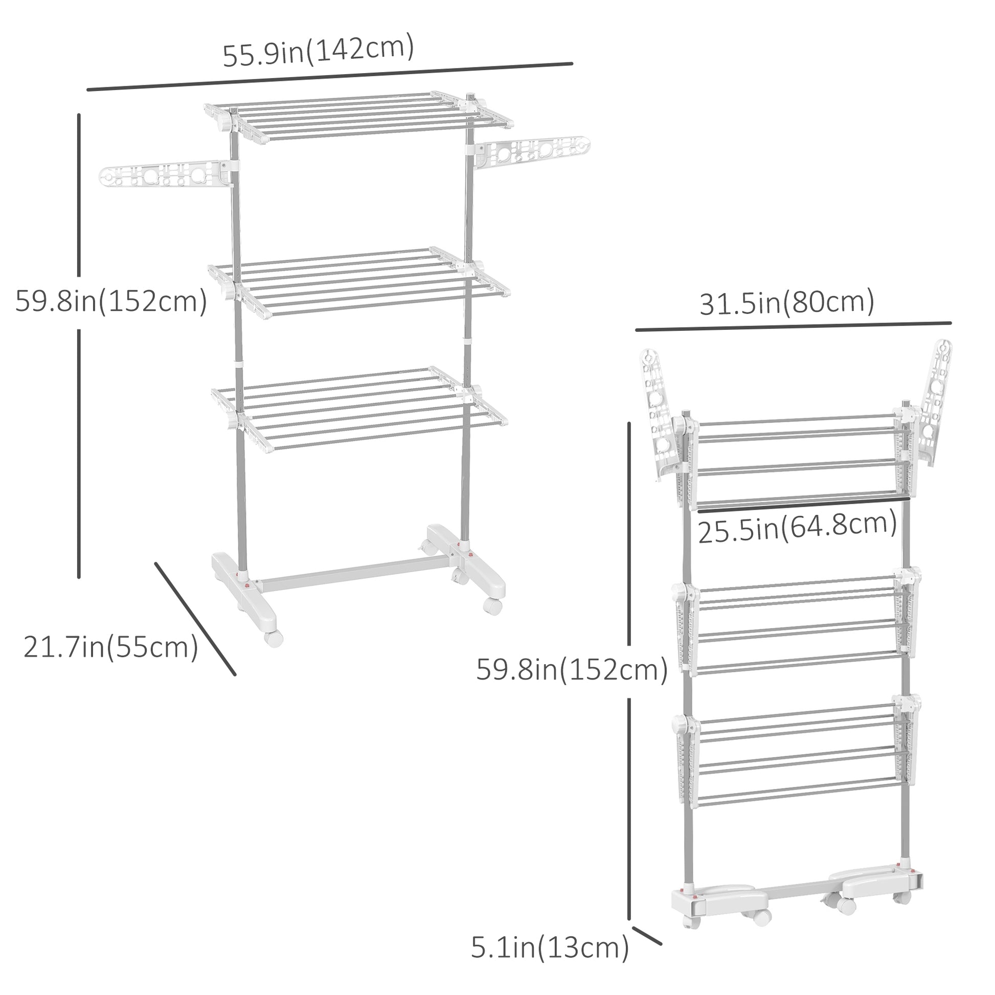 3-Tier Foldable Clothes Drying Rack, Stainless Steel Laundry Rack with 2 Side Wings and 6 Castors, Collapsible Adjustabl