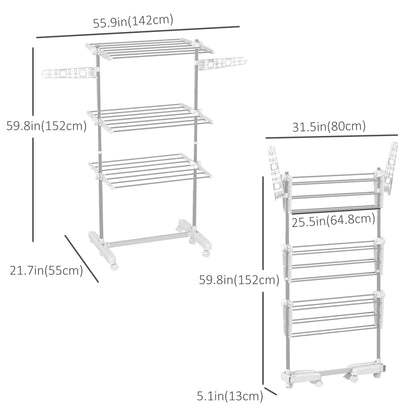3-Tier Foldable Clothes Drying Rack, Stainless Steel Laundry Rack with 2 Side Wings and 6 Castors, Collapsible Adjustabl