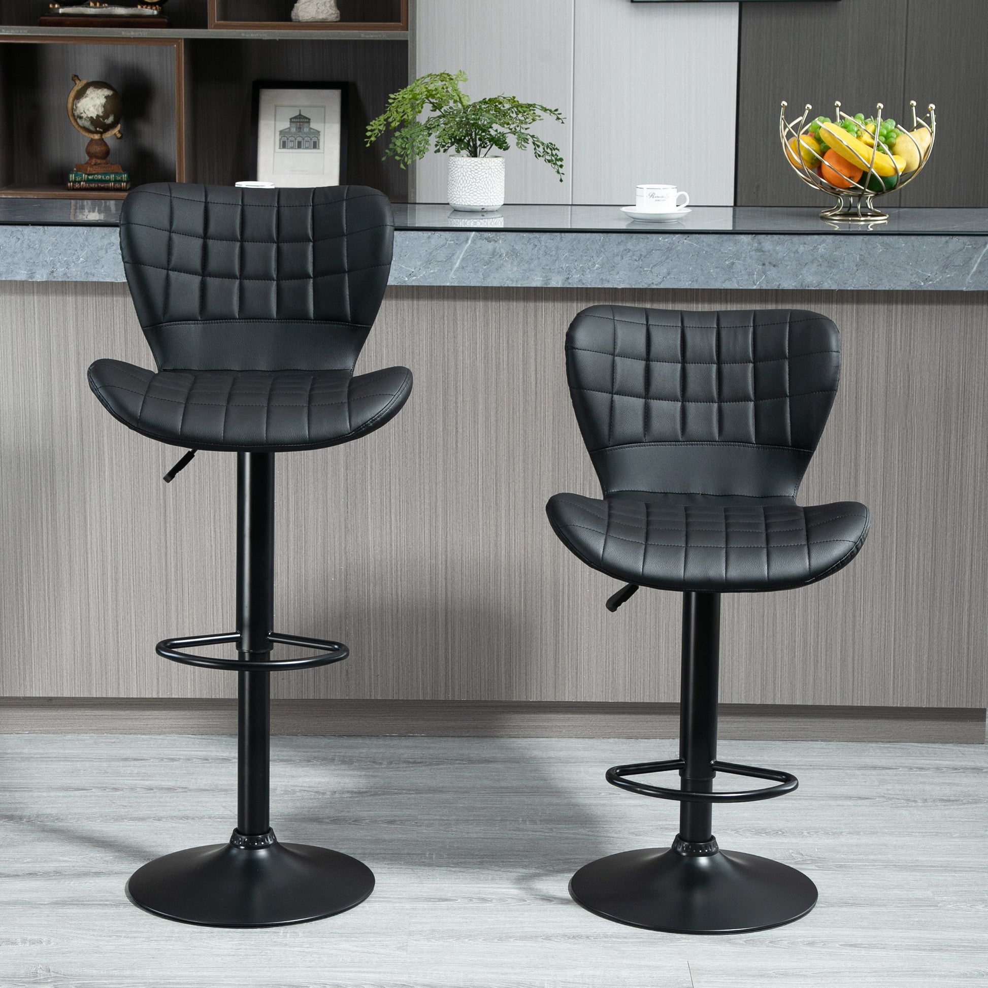 Bar Stools Set of 2, Adjustable Height Swivel Bar Chairs, PU Leather Upholstered Kitchen Counter Stools with Wide Seat, 