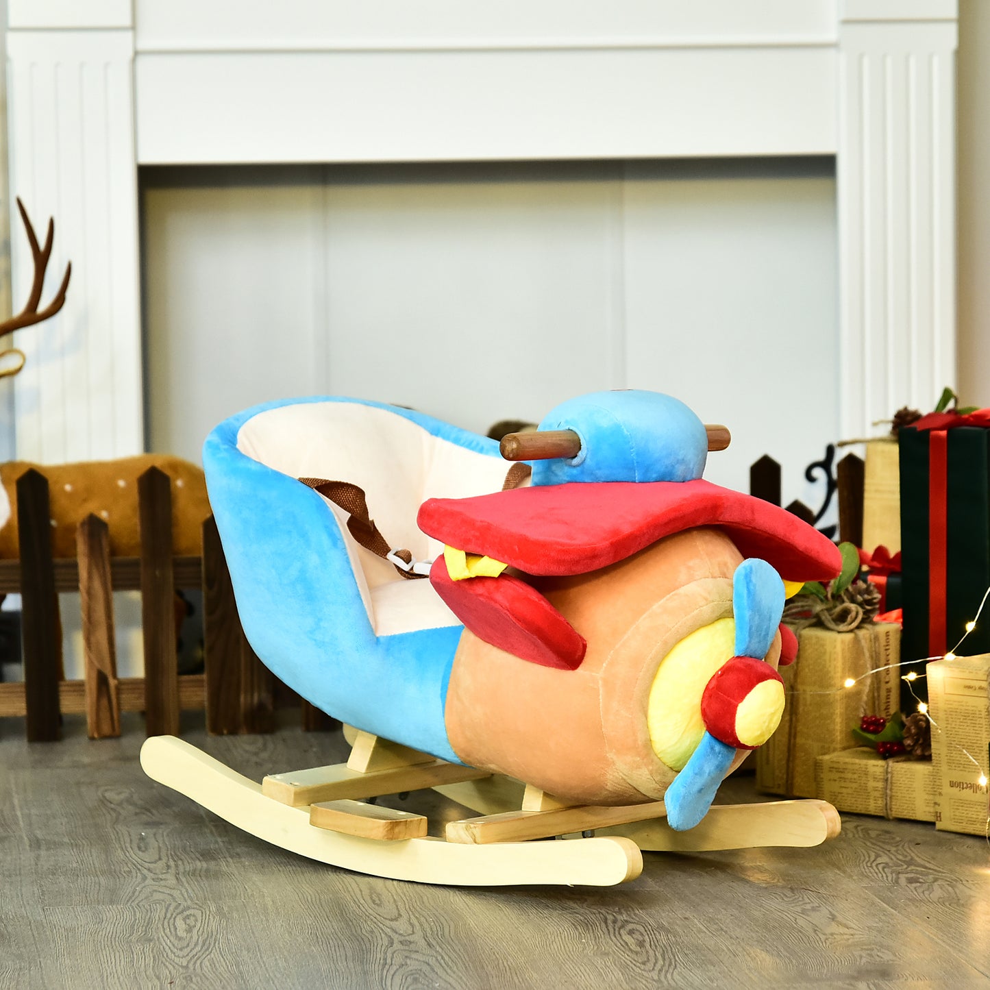Qaba Baby Rocking Horse Plane Design Plush Stuffed Rocking Chair, Wooden Rocking Horse with Sound, Seat Belt for Boys an