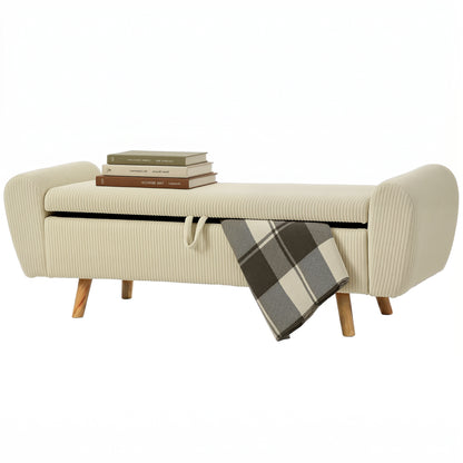 Storage Ottoman, 59" Corduroy End of Bed Storage Bench for King Size Bed with Wooden Legs and Rolled Arms, Beige