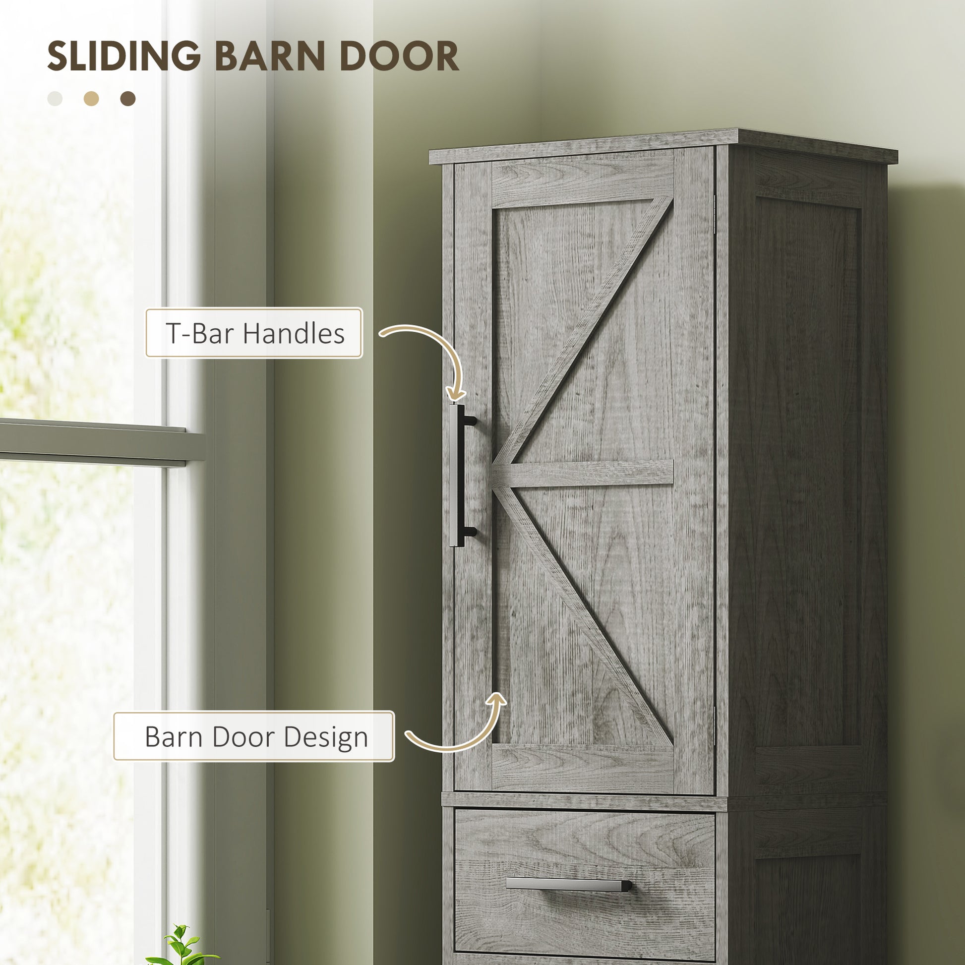 67" Tall Bathroom Cabinet, Narrow Bathroom Storage Cabinet with Drawer, Barn Doors and Adjustable Shelves, Dark Grey