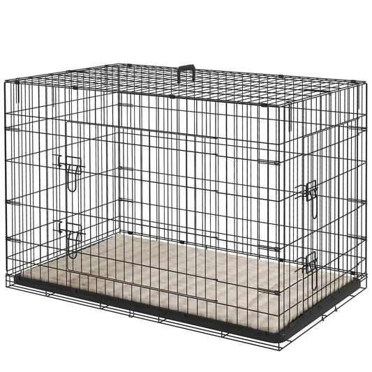 42" Dog Crate with 2 Doors, Folding Metal Dog Cage with Soft Cushion, Removable Tray, Handle, for Small Dogs, Black