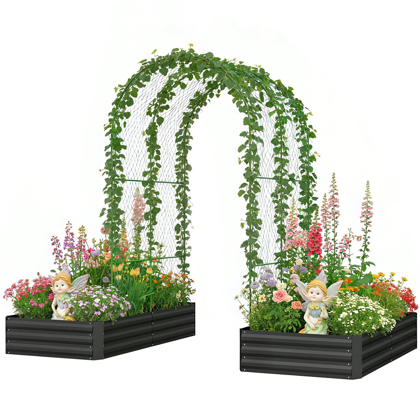 Metal Raised Garden Bed with Trellis, Galvanized Garden Bed Kit Outdoor Garden Box with Trellis, Black