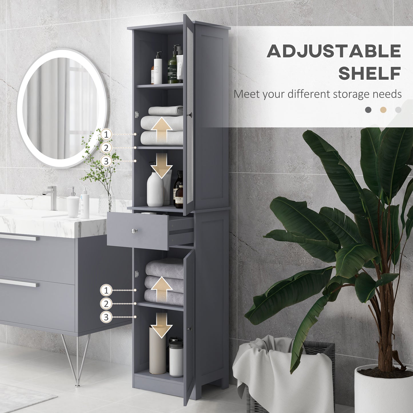 Tall Bathroom Cabinet, Bathroom Storage Cabinet with Drawers, 2 Doors and Adjustable Shelves, Grey
