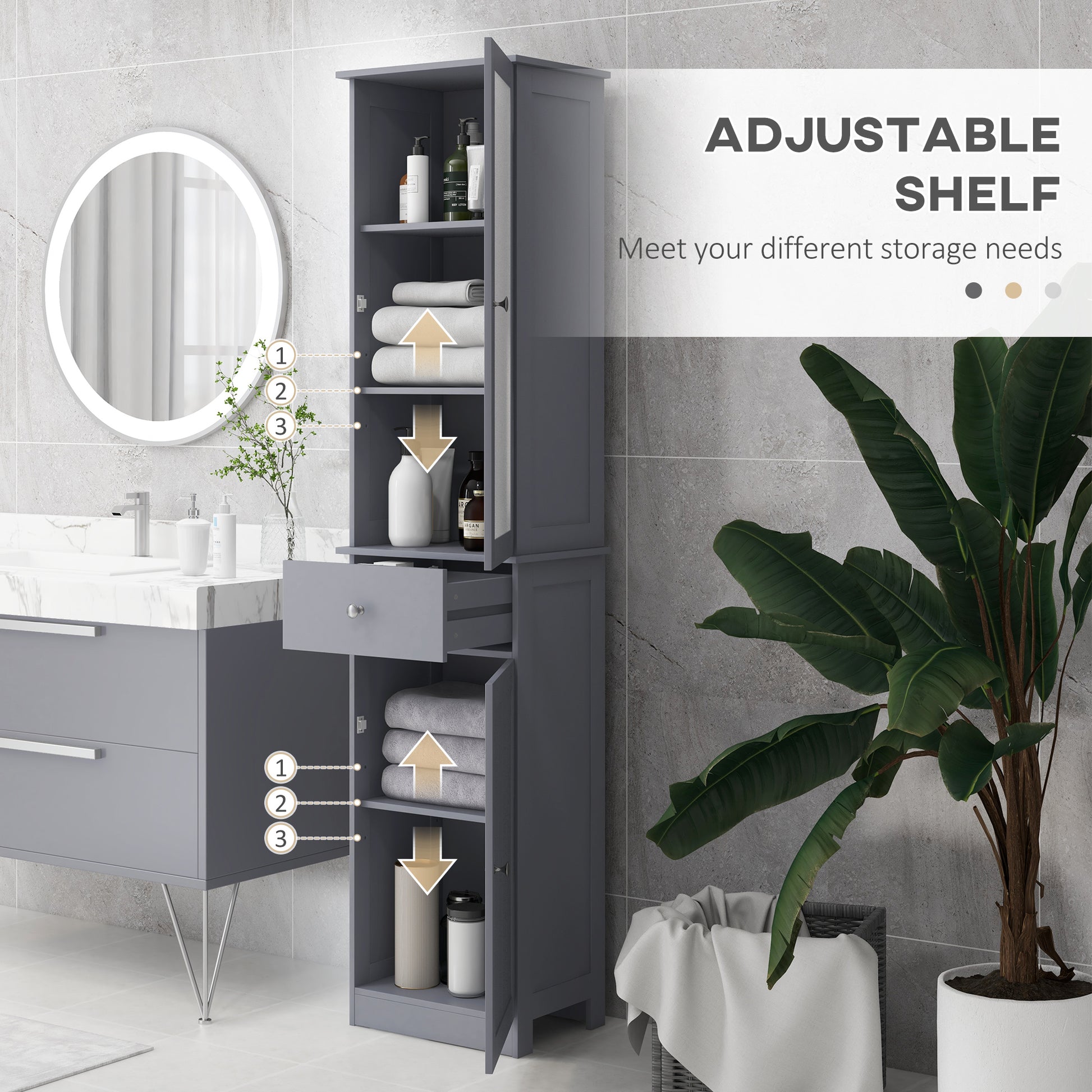 Tall Bathroom Cabinet, Bathroom Storage Cabinet with Drawers, 2 Doors and Adjustable Shelves, Grey