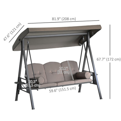 3 Seater Porch Swing Heavy Duty Outdoor Swing Chair Outdoor Lounge Hammock Cushioned Seat W/ Tilt Canopy, Brown