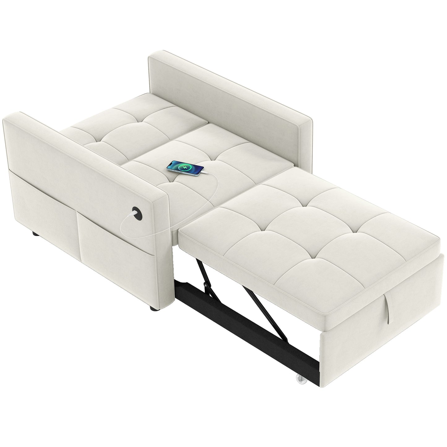 Convertible Chair Bed, Pull Out Sleeper Chair with USB, Adjustable Backrest, Small Velvet Futon Sofa Bed, Cream White
