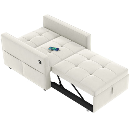 Convertible Chair Bed, Pull Out Sleeper Chair with USB, Adjustable Backrest, Small Velvet Futon Sofa Bed, Cream White