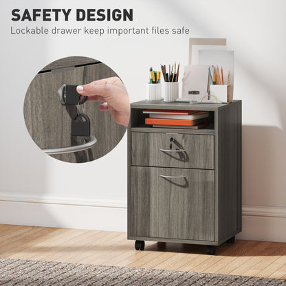 24" Filing Cabinet with Open Compartment, Lockable Drawer and Wheels, Home Office Storage Cabinet, Distressed Grey