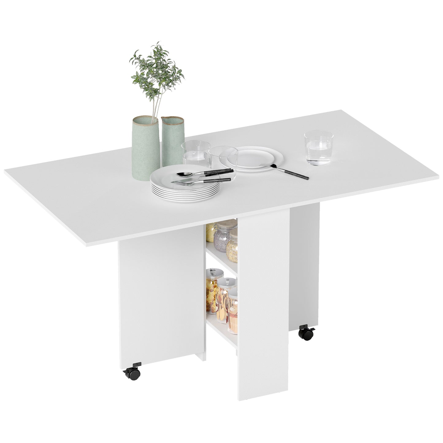 Extendable Dining Table, Collapsible Folding Table w/ 2-tier Shelves and Rolling Casters, White