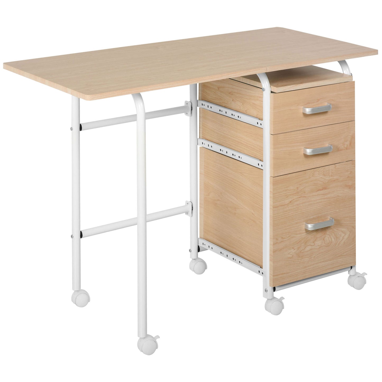 Foldable Computer Desk with Drawers, Executive Student Table with Storage Shelf, 6 Wheels for Bedroom Home Office Workst